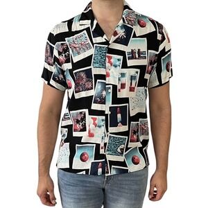 Original‎ Use Mens Photo Collage Summer Print Short Sleeve Button Up Shirt- L